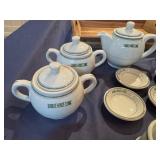 Vintage Ceramic Tea Set with Creamers, Sugar Bowls and Accessories, Presented with Acacia Wood Desert Tray