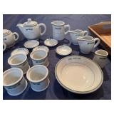 Vintage Ceramic Tea Set with Creamers, Sugar Bowls and Accessories, Presented with Acacia Wood Desert Tray