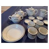 Vintage Ceramic Tea Set with Creamers, Sugar Bowls and Accessories, Presented with Acacia Wood Desert Tray