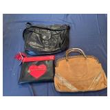 Three Handbags, Vintage Black Leather, Vintage Brown Suede and Cute Black and Red Heart Clutch