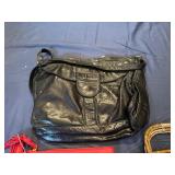 Three Handbags, Vintage Black Leather, Vintage Brown Suede and Cute Black and Red Heart Clutch