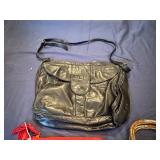 Three Handbags, Vintage Black Leather, Vintage Brown Suede and Cute Black and Red Heart Clutch
