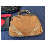 Three Handbags, Vintage Black Leather, Vintage Brown Suede and Cute Black and Red Heart Clutch