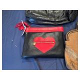 Three Handbags, Vintage Black Leather, Vintage Brown Suede and Cute Black and Red Heart Clutch