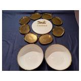 Marble Cheese Board, 8 Gold Colored Small Platters, Two Matching Gold Rimmed Serving Bowls) Never Used