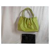 Vintage Ashneil Handbag in Chartreuse Pebbled Leather and Vintage Green/Black Snakeskin Clutch/Purse both in Very Good Condition