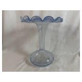 Murano Clear Glass Blue Speckled Ruffle Vase 12' Tall, 7' Base, 9 1/2' Ruffled Top
