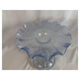 Murano Clear Glass Blue Speckled Ruffle Vase 12' Tall, 7' Base, 9 1/2' Ruffled Top