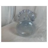 Murano Clear Glass Blue Speckled Ruffle Vase 12' Tall, 7' Base, 9 1/2' Ruffled Top