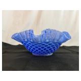 L.G. White, Blue and White Trellis Round Ruffled Centerpiece Console Bowl 10 1/2' x 4'