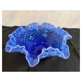 L.G. White, Blue and White Trellis Round Ruffled Centerpiece Console Bowl 10 1/2' x 4'