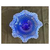 L.G. White, Blue and White Trellis Round Ruffled Centerpiece Console Bowl 10 1/2' x 4'