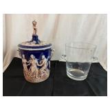 Vintage Italian Ceramic Porcelain Cobalt Ice Bucket and Crystal Ice Bucket with Scroll Handles