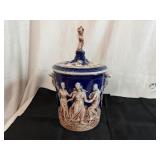 Vintage Italian Ceramic Porcelain Cobalt Ice Bucket and Crystal Ice Bucket with Scroll Handles