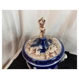 Vintage Italian Ceramic Porcelain Cobalt Ice Bucket and Crystal Ice Bucket with Scroll Handles