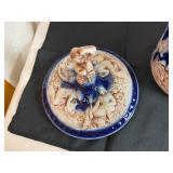 Vintage Italian Ceramic Porcelain Cobalt Ice Bucket and Crystal Ice Bucket with Scroll Handles