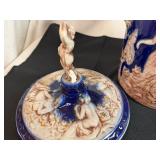 Vintage Italian Ceramic Porcelain Cobalt Ice Bucket and Crystal Ice Bucket with Scroll Handles