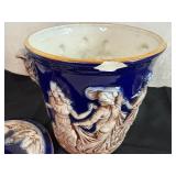 Vintage Italian Ceramic Porcelain Cobalt Ice Bucket and Crystal Ice Bucket with Scroll Handles