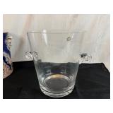 Vintage Italian Ceramic Porcelain Cobalt Ice Bucket and Crystal Ice Bucket with Scroll Handles