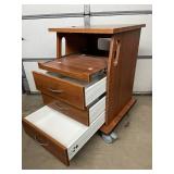 Medical Wooden Rolling Equipment Cart Cabinet w/ Built-In Power Strip 3 Drawers + Pull Out Work Trays Smooth Casters Great For holding monitors, machines, cords & supplies