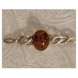 Sterling Silver Amber Cabochon Brooch Pin