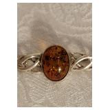 Sterling Silver Amber Cabochon Brooch Pin