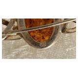 Sterling Silver Amber Cabochon Brooch Pin