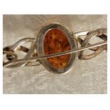 Sterling Silver Amber Cabochon Brooch Pin