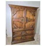 Vintage Mediterranean Style Carved Wood Cabinet with Double Doors and Drawers
