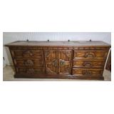 Long Rustic Spanish Style Vanity with Carved Doors and Drawer Storage