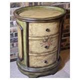 Hand Painted Distressed Round Accent Chest with Three Drawers Floral Motif