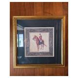 Framed Equestrian Print Chestnut Horse with Rider Gold Tone Frame