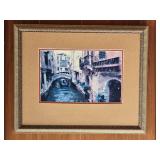 Framed Venetian Canal Scene Print with Textured Mat and Ornate Frame A
