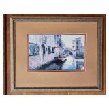 Framed Venetian Canal Street Scene with Gondola and Bridge View D