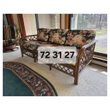 Rattan Frame Sofa with Floral Upholstery Cushions