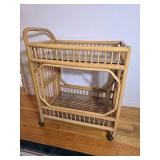 Vintage Rattan Bar Cart with Glass Shelves on Casters