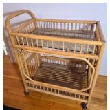 Vintage Rattan Bar Cart with Glass Shelves on Casters