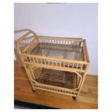 Vintage Rattan Bar Cart with Glass Shelves on Casters