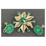 Vintage Emerald Green Rhinestone Brooch & Earrings Set - 3-Piece Jewelry