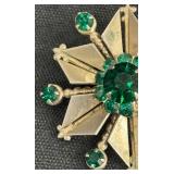 Vintage Emerald Green Rhinestone Brooch & Earrings Set - 3-Piece Jewelry