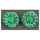 Vintage Emerald Green Rhinestone Brooch & Earrings Set - 3-Piece Jewelry
