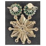 Vintage Emerald Green Rhinestone Brooch & Earrings Set - 3-Piece Jewelry