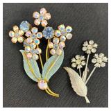 Two Floral Brooches Set - Gold-Tone Bouquet With Pastel Rhinestones & Silver-Tone Daisy Cluster