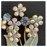 Two Floral Brooches Set - Gold-Tone Bouquet With Pastel Rhinestones & Silver-Tone Daisy Cluster
