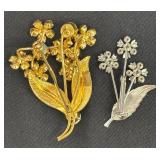 Two Floral Brooches Set - Gold-Tone Bouquet With Pastel Rhinestones & Silver-Tone Daisy Cluster