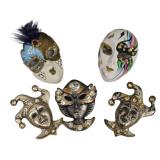 SC - De Coranto Mask Brooches - Lot of 5 - White, Jester & Female Masks - Made in Italy