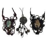 SC - Macrame Necklace Set - Moss Agate 24 in - Jasper & Tiger Eye 21 in - Leather Pendant 4.5 in (Lot of 3)
