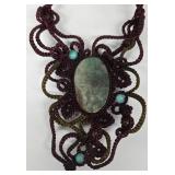 SC - Macrame Necklace Set - Moss Agate 24 in - Jasper & Tiger Eye 21 in - Leather Pendant 4.5 in (Lot of 3)