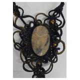 SC - Macrame Necklace Set - Moss Agate 24 in - Jasper & Tiger Eye 21 in - Leather Pendant 4.5 in (Lot of 3)