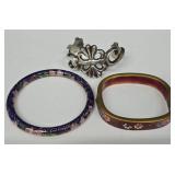 SC - Cloisonné Enameled Bangles Set - Round Blue Floral, Square Red Floral & Silver-Tone Open Bracelet